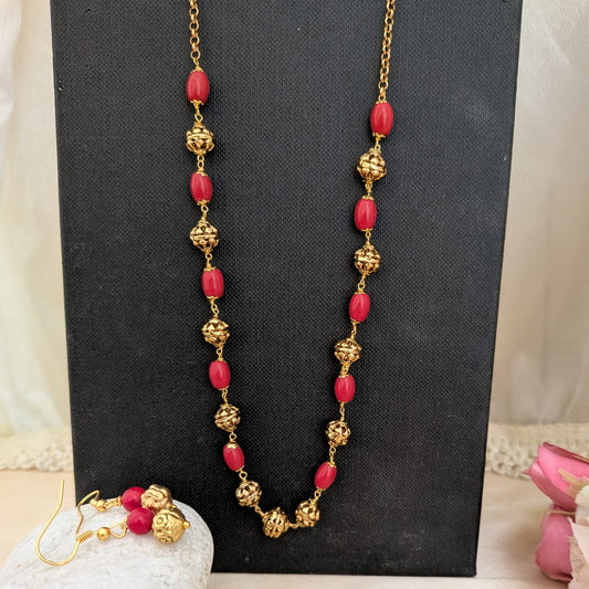 Coral red with gold beaded necklace