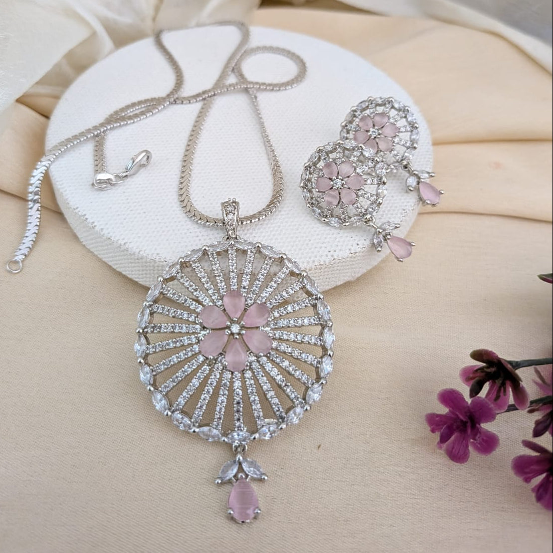 AD pastel pink round silver pendant chain