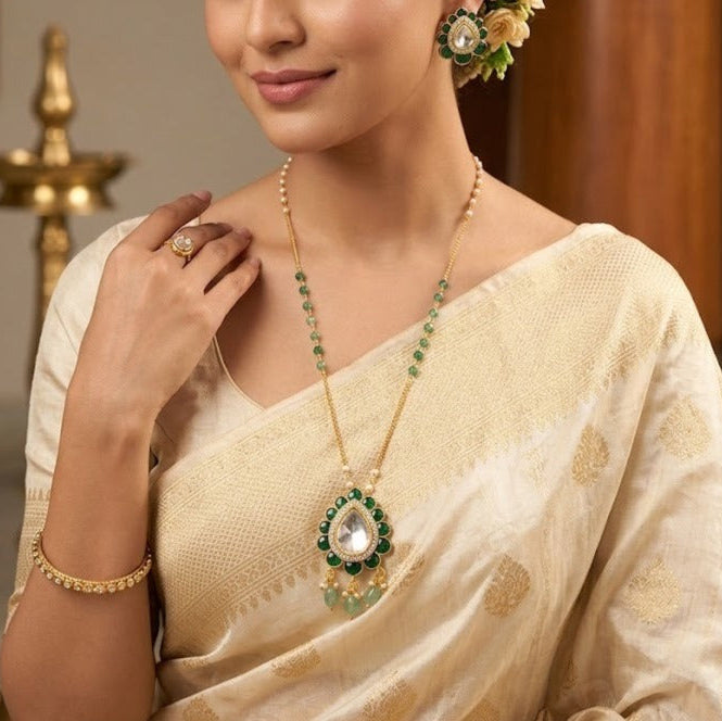 Jadau Kundan green pendant chain