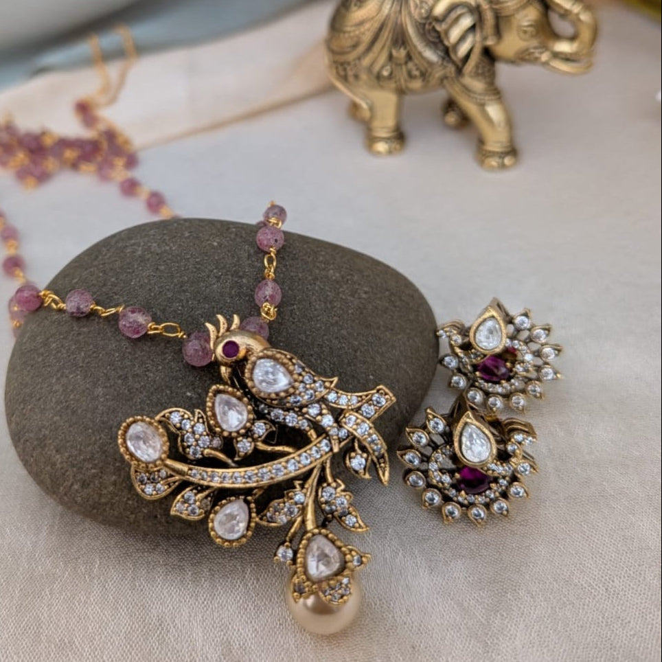 Leaf AD stone bird pearl chain set