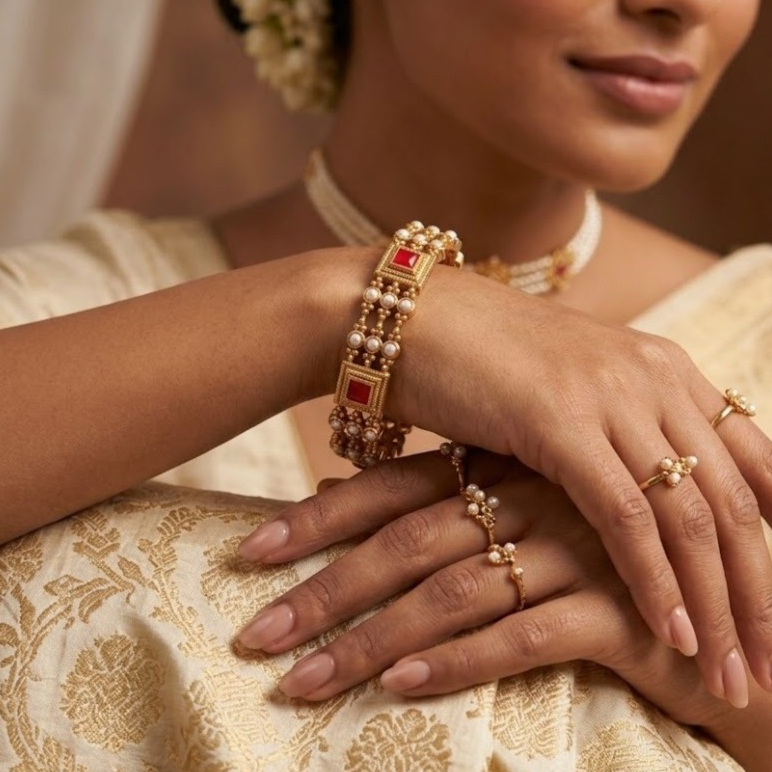 Coral with pearl bangle