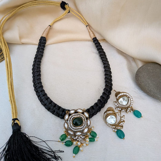 Black thread AD stone necklace set