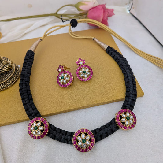 Black thread jadau stone neclace set