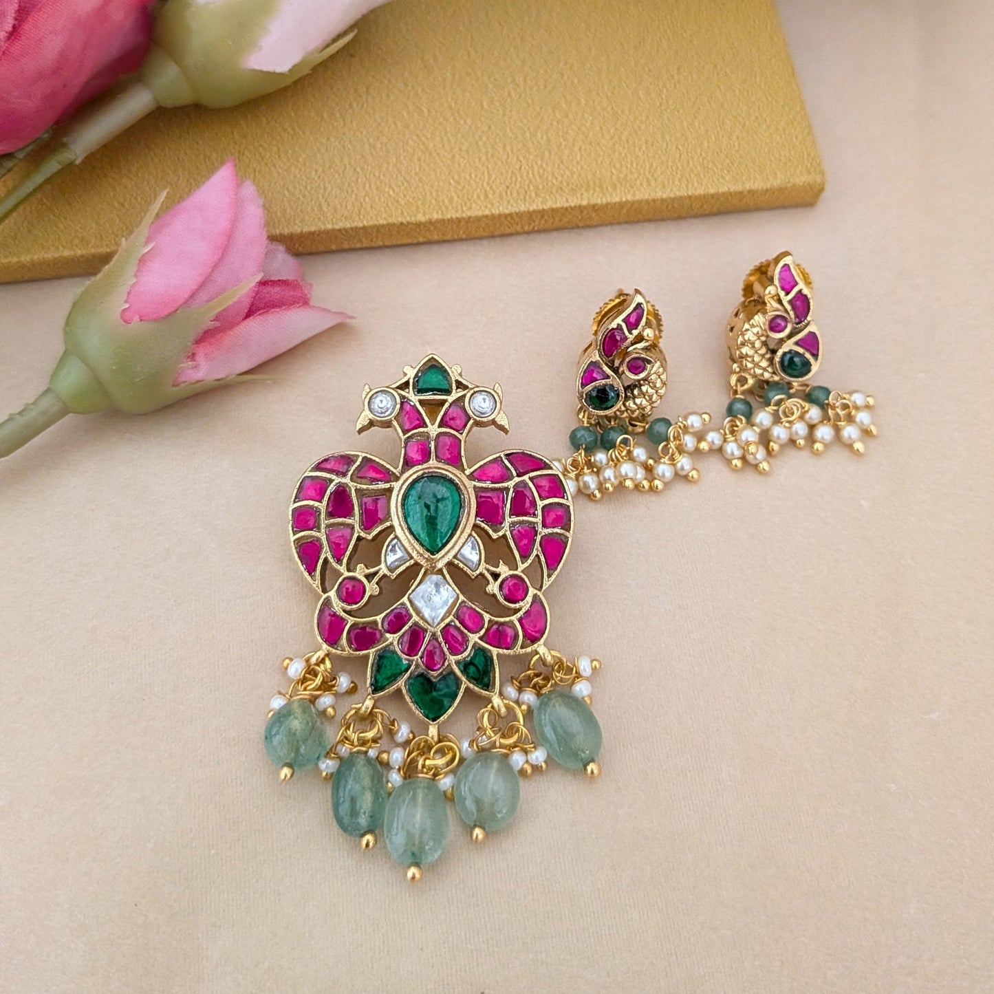 Jadau kundan ruby gandaberunda pendant with earring