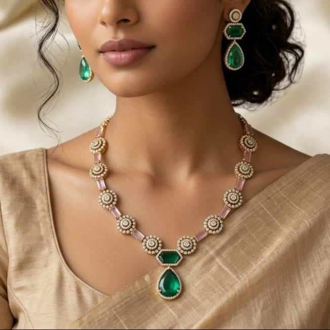AD aquablue with pink stone studded necklace