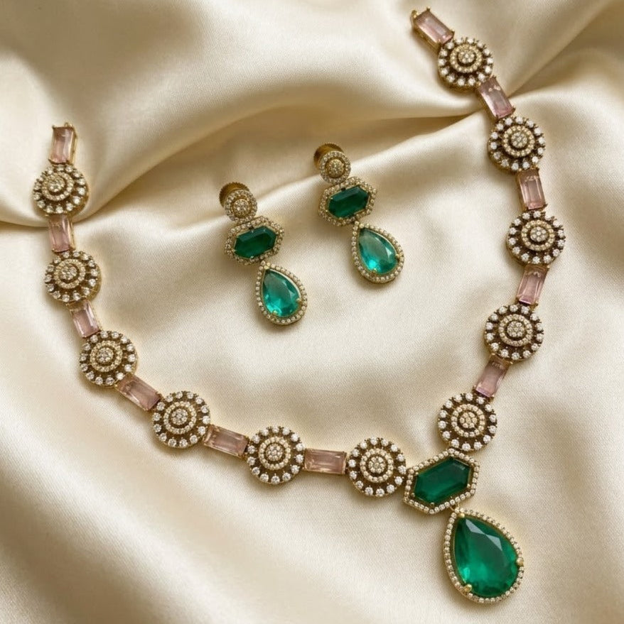 AD aquablue with pink stone studded necklace