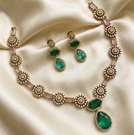 AD aquablue with pink stone studded necklace