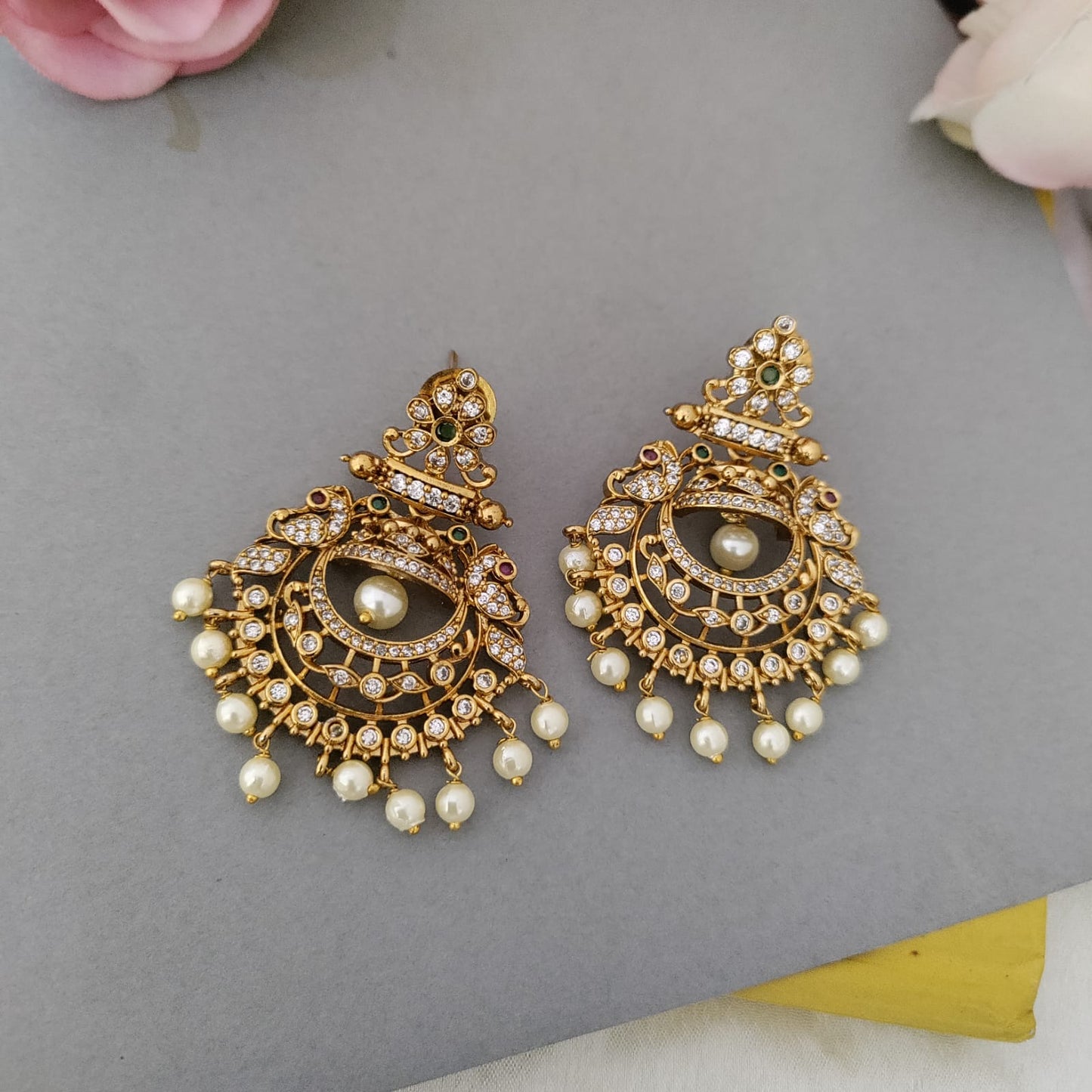 White stone pearl bali earring