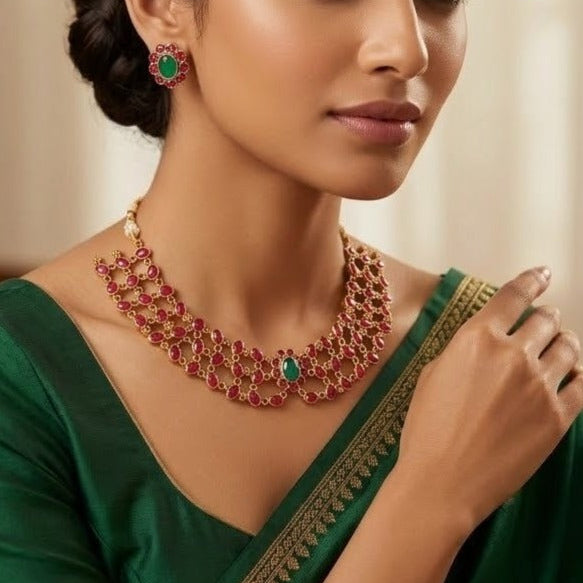 Ruby stone 3 layered necklace