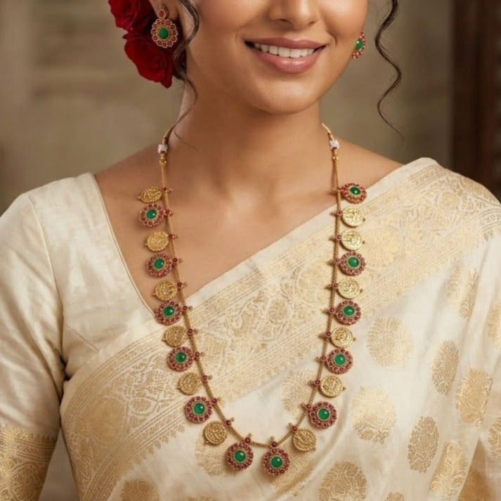 Lakshmi coin ruby stone long necklace