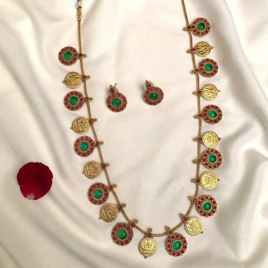 Lakshmi coin ruby stone long necklace