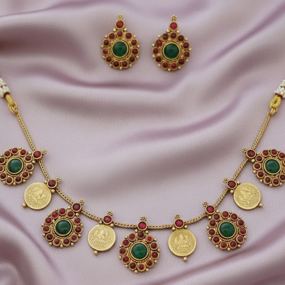 Lakshmi coin ruby stone necklace