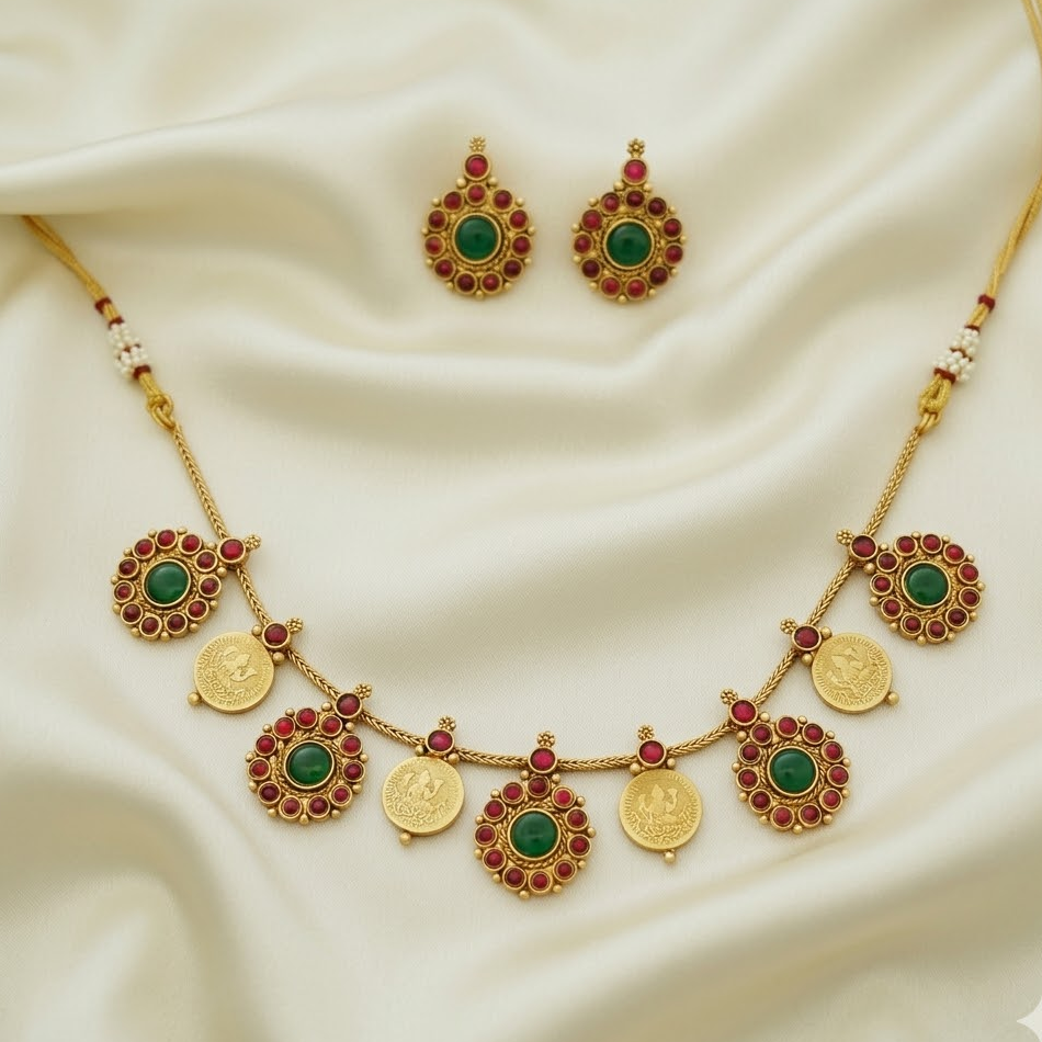 Lakshmi coin ruby stone necklace