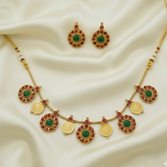 Lakshmi coin ruby stone necklace