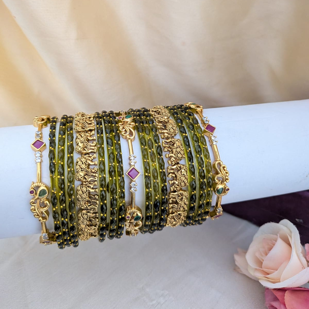 Olive green elephant and peacock design Bridal bangle