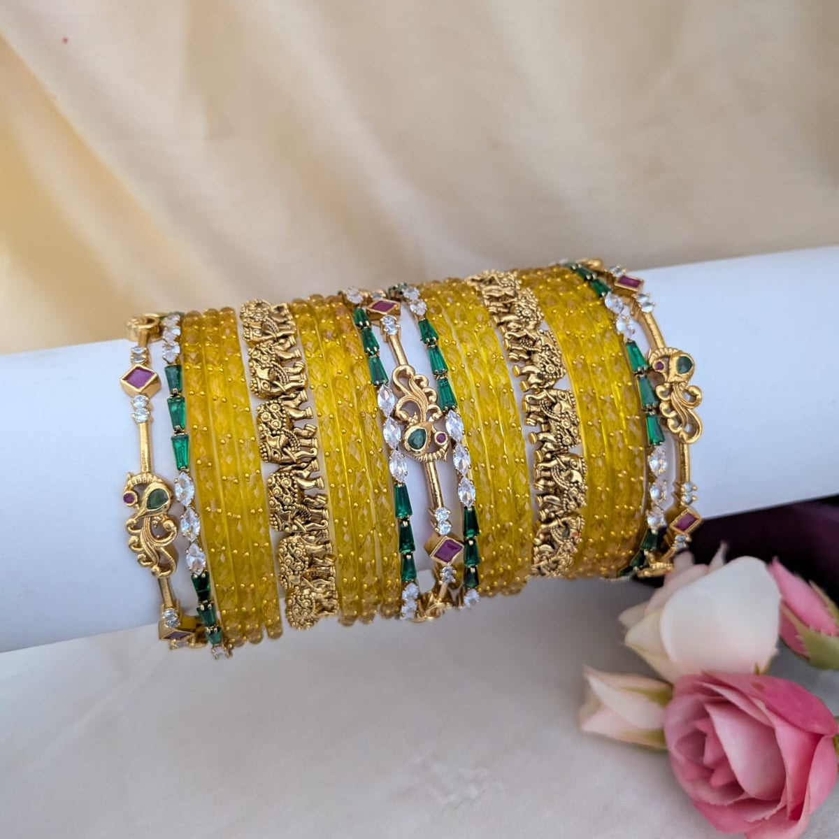Golden yellow elephant and peacock design Bridal bangle
