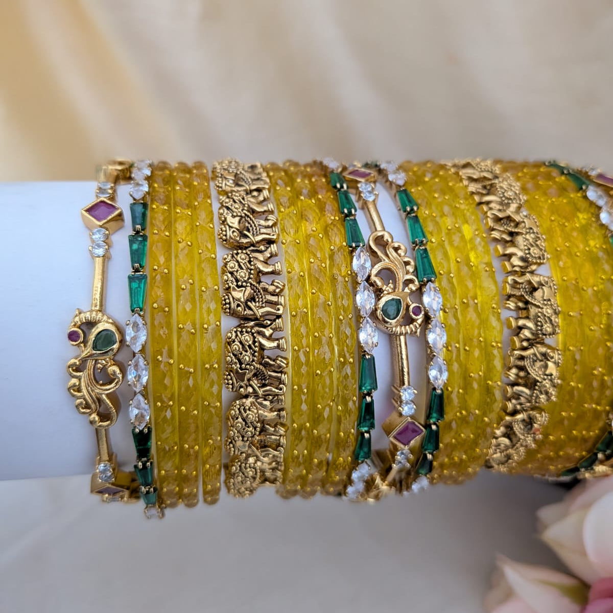 Golden yellow elephant and peacock design Bridal bangle