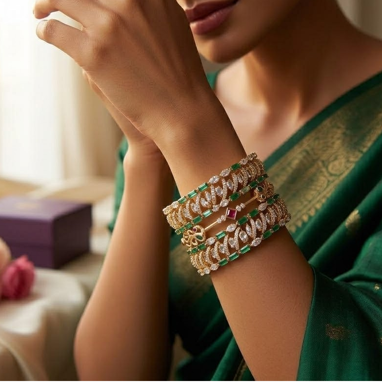 AD stone studded Spiral white with green bridal Bangle