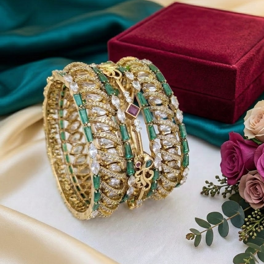 AD stone studded Spiral white with green bridal Bangle