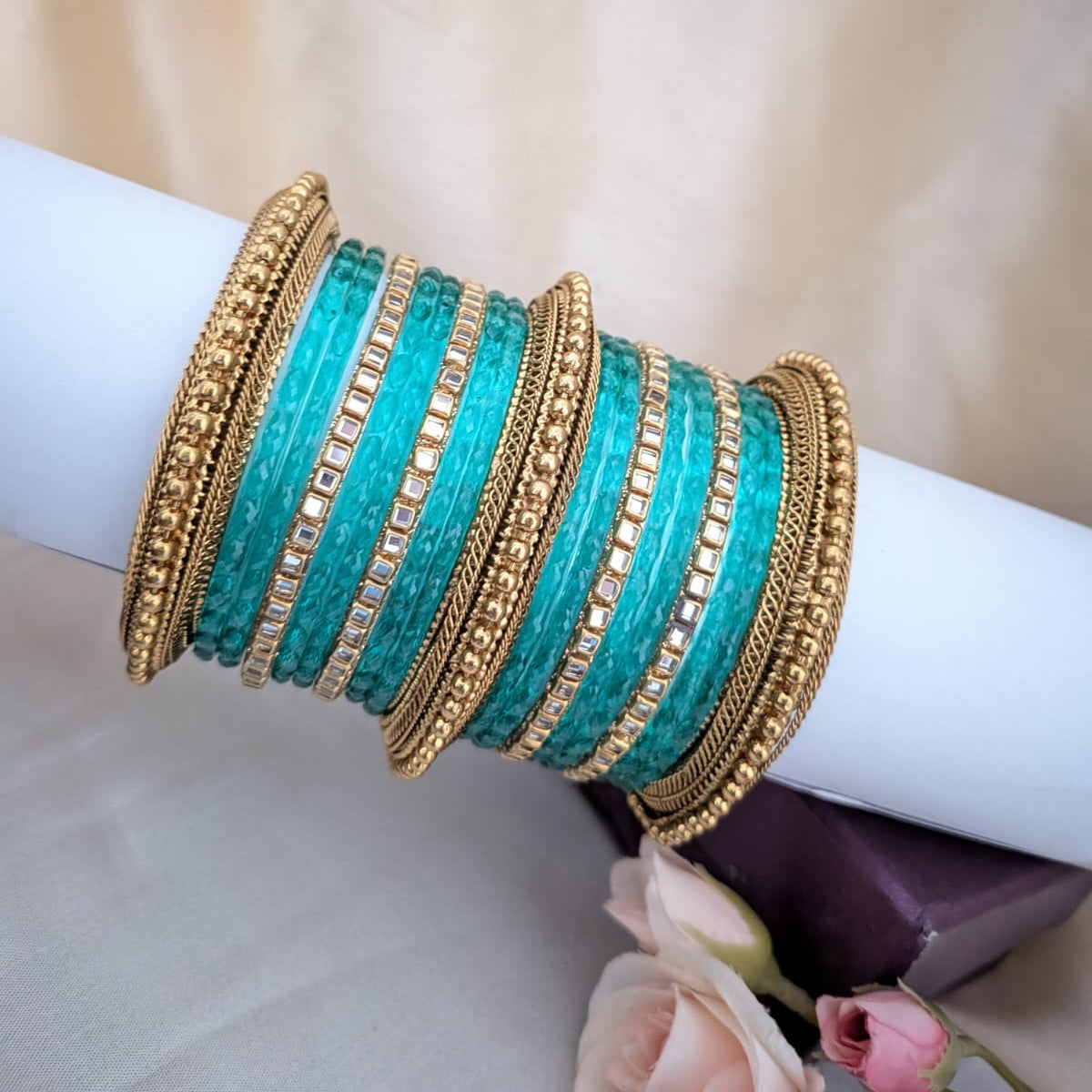 Kundan with glass aqua blue bridal bangle