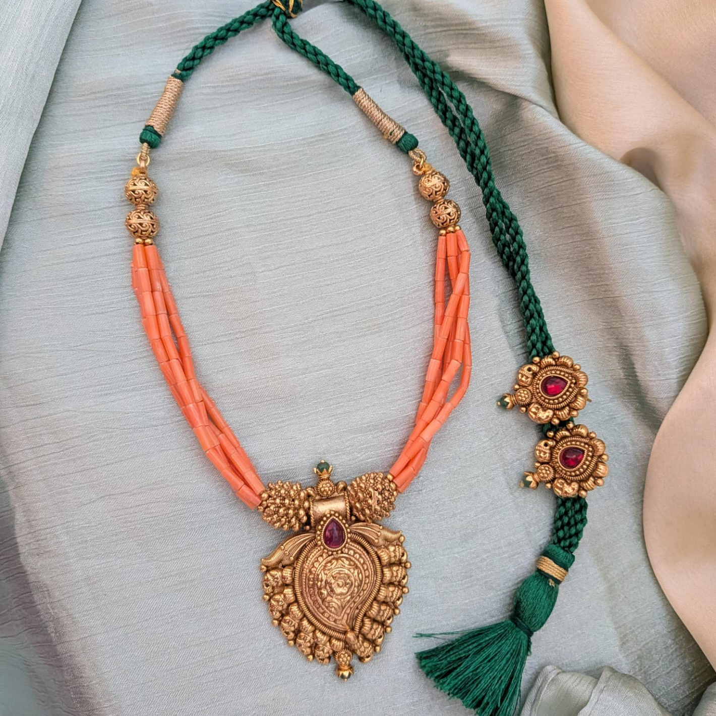 3 Layered coral with green drop pendant neccklace