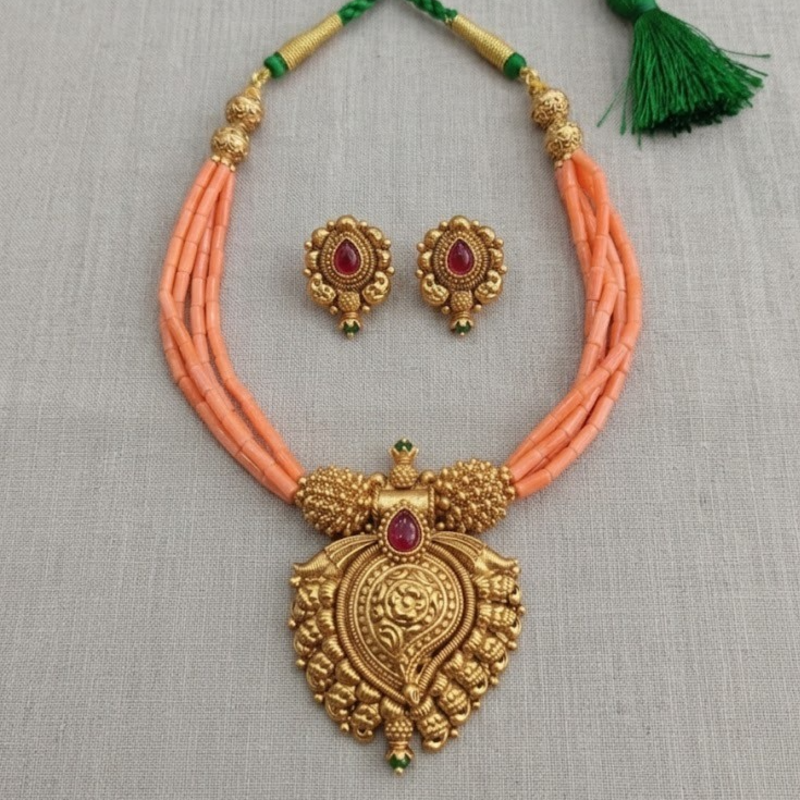 3 Layered coral with green drop pendant neccklace