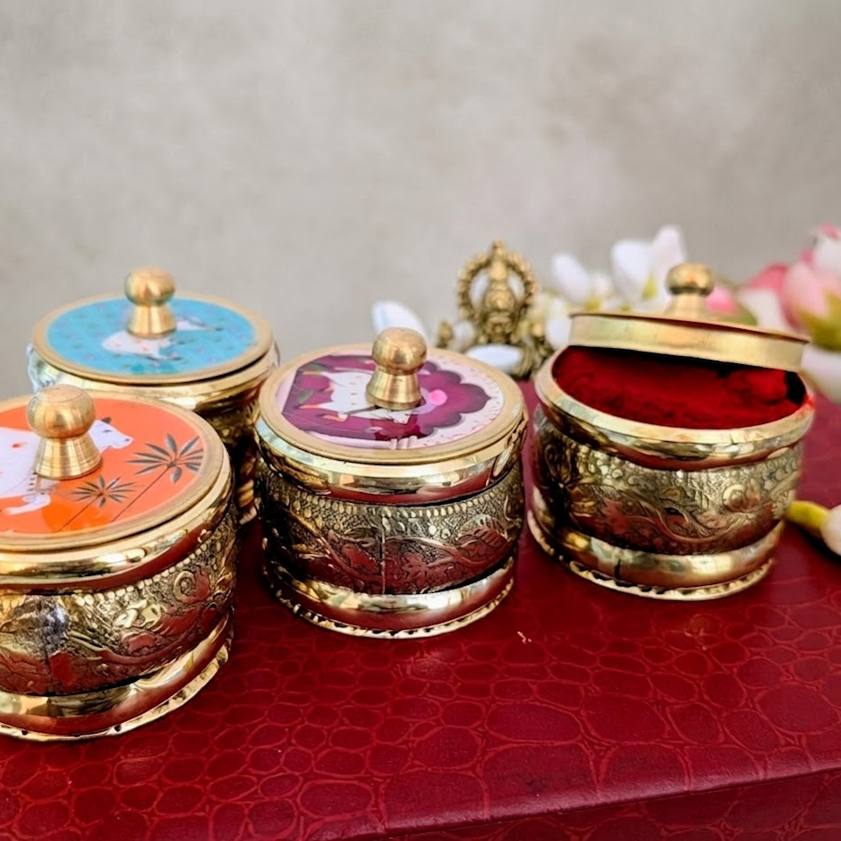 Brass Pichwai work Kumkum box Mix set of 4
