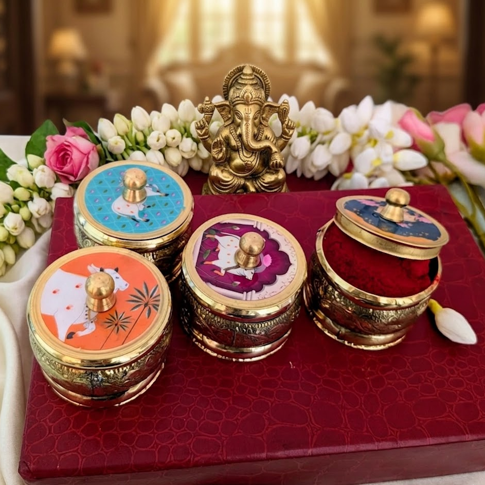 Brass Pichwai work Kumkum box Mix set of 4