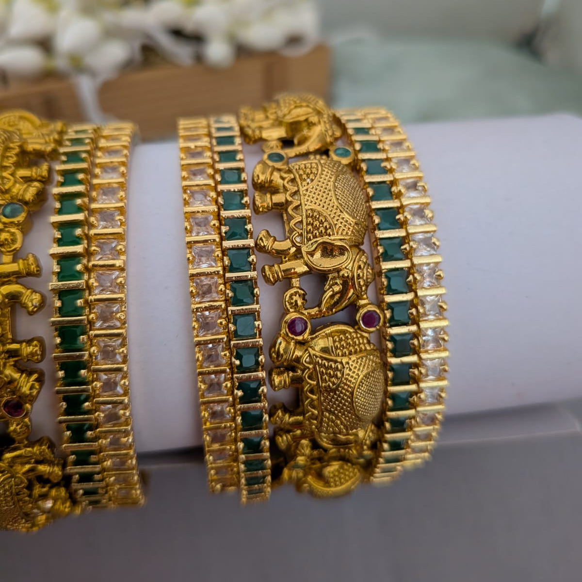 Antique Elephant bridal bangle in Green and white stone