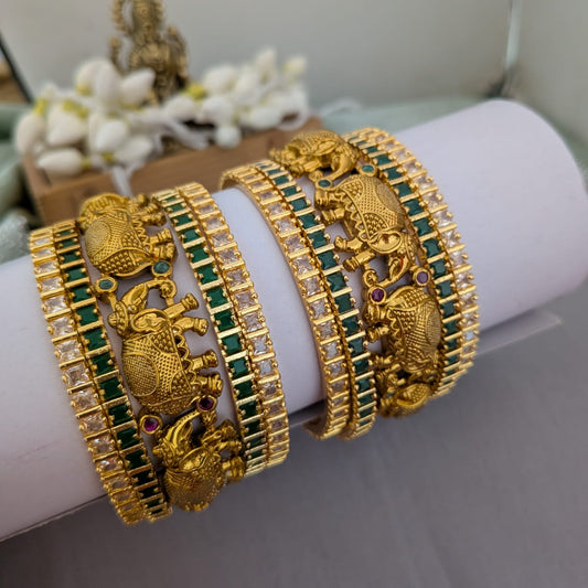 Antique Elephant bridal bangle in Green and white stone