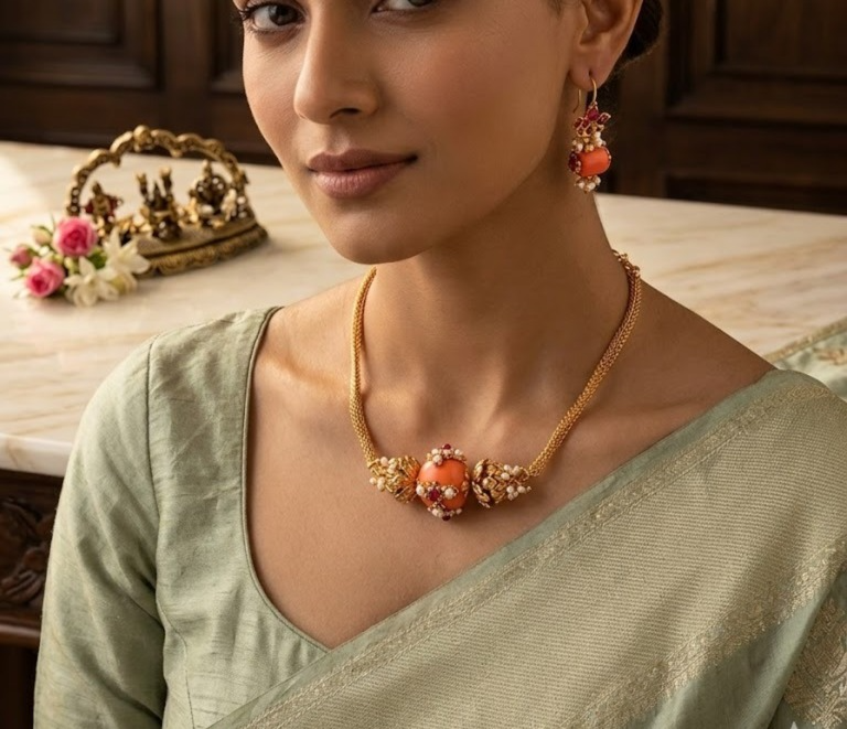 Coral beaded pearl necklace