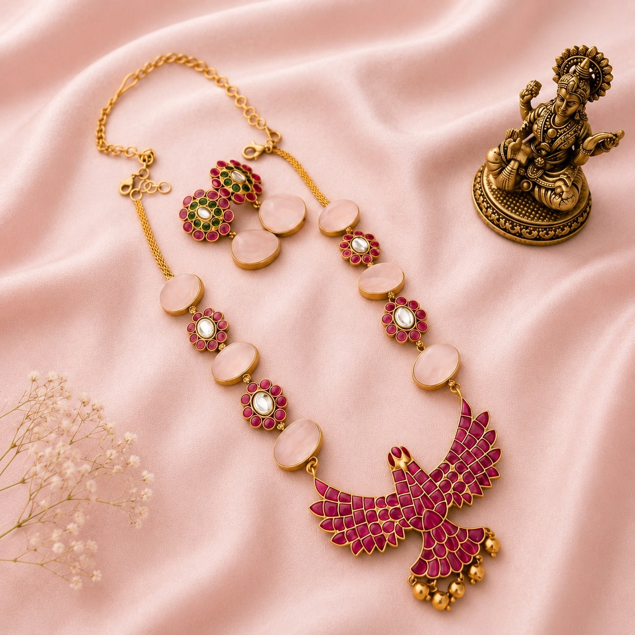 Gandaberunda Jadau kundan pink fusion necklace