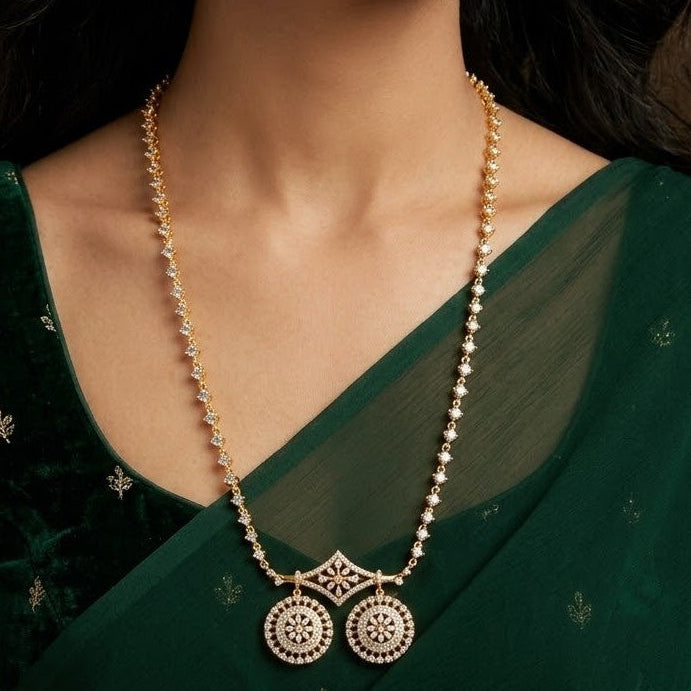 AD White Stone 2 Round Long Necklace