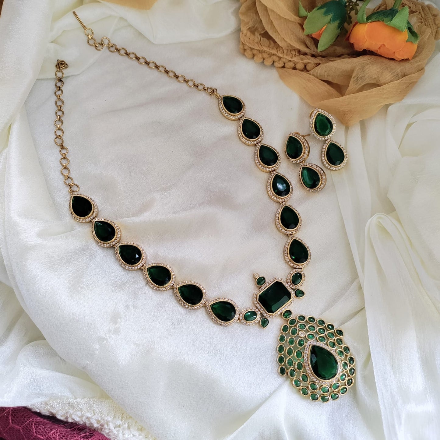 Jyothika Inspired Emerald stone necklace set