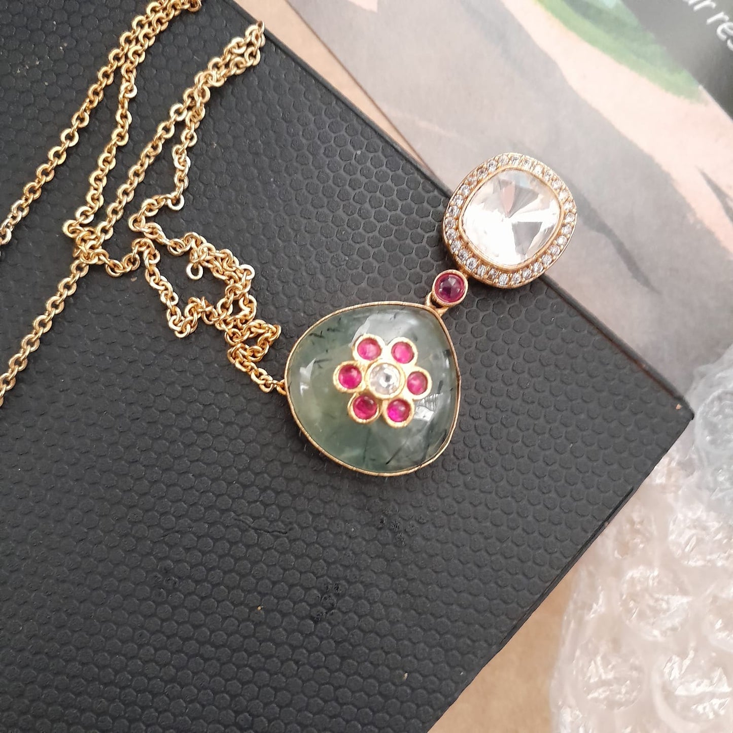 Moissanite with jadau kundan work on semiprecious Stone