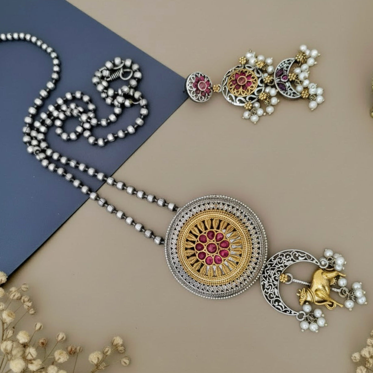 Round long pendant Dual tone Pendant long chain set