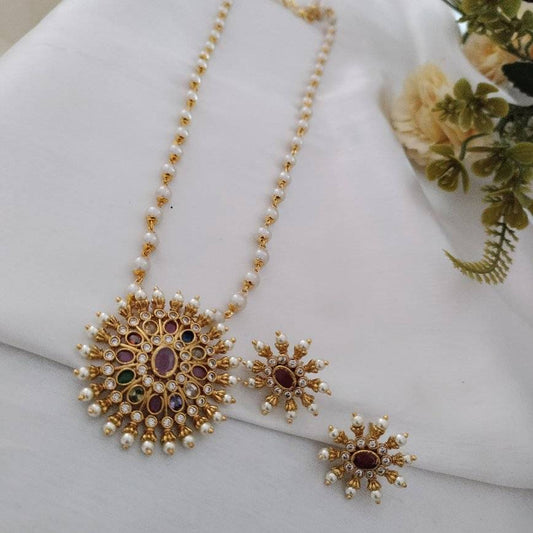 Round chakra pendant with pearl string Long Necklace