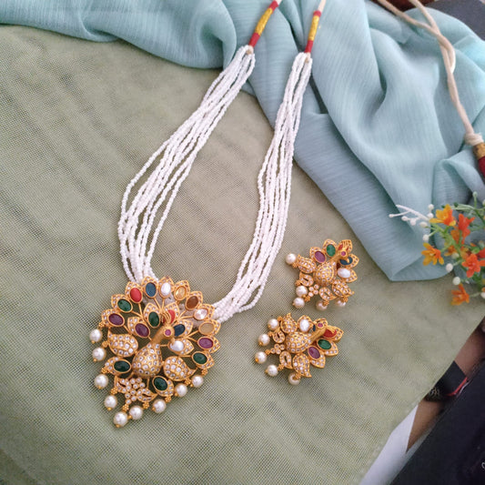 Navratna peacock pendant with pearl Long Necklace