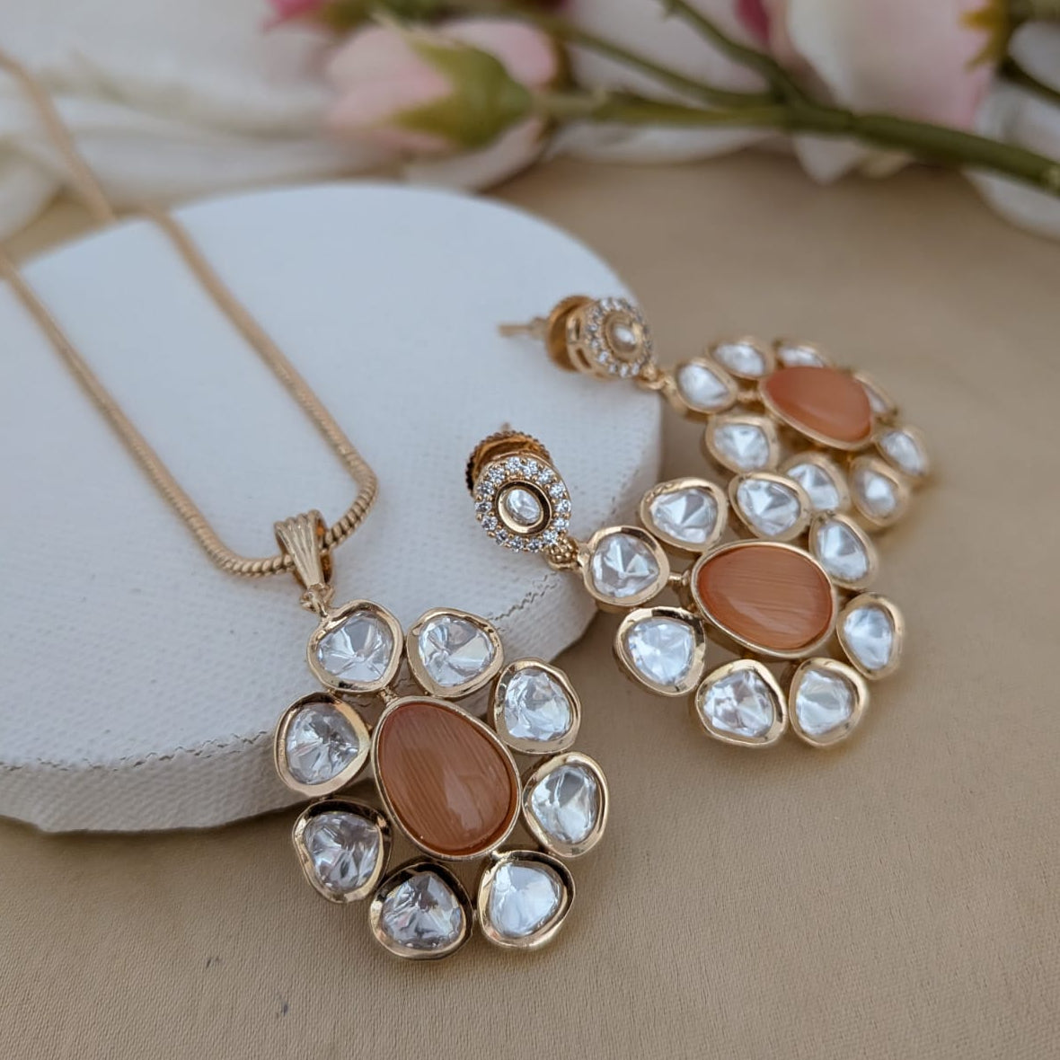 Peach stone kundan chain set