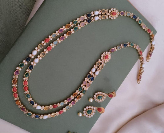 Two layered navratna stone studed necklace