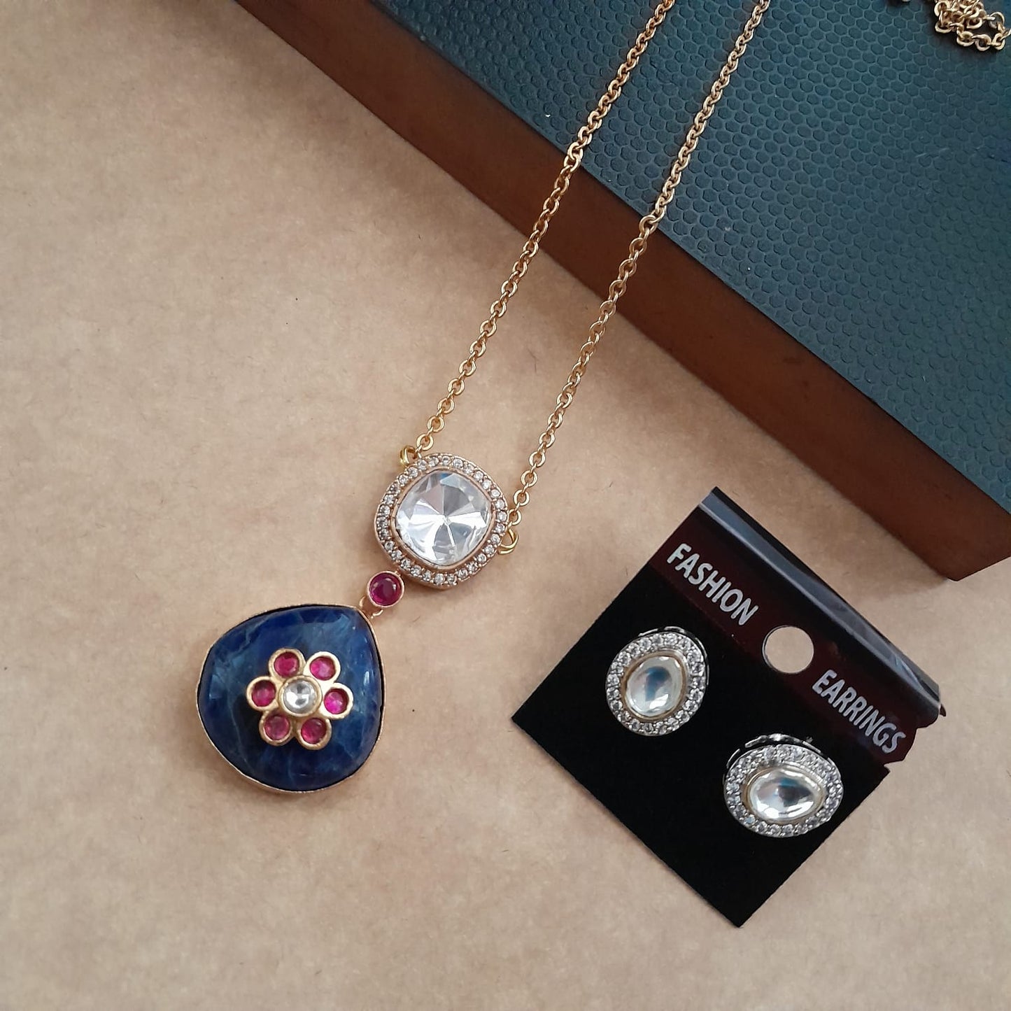 Moissanite with jadau kundan work on semiprecious Stone