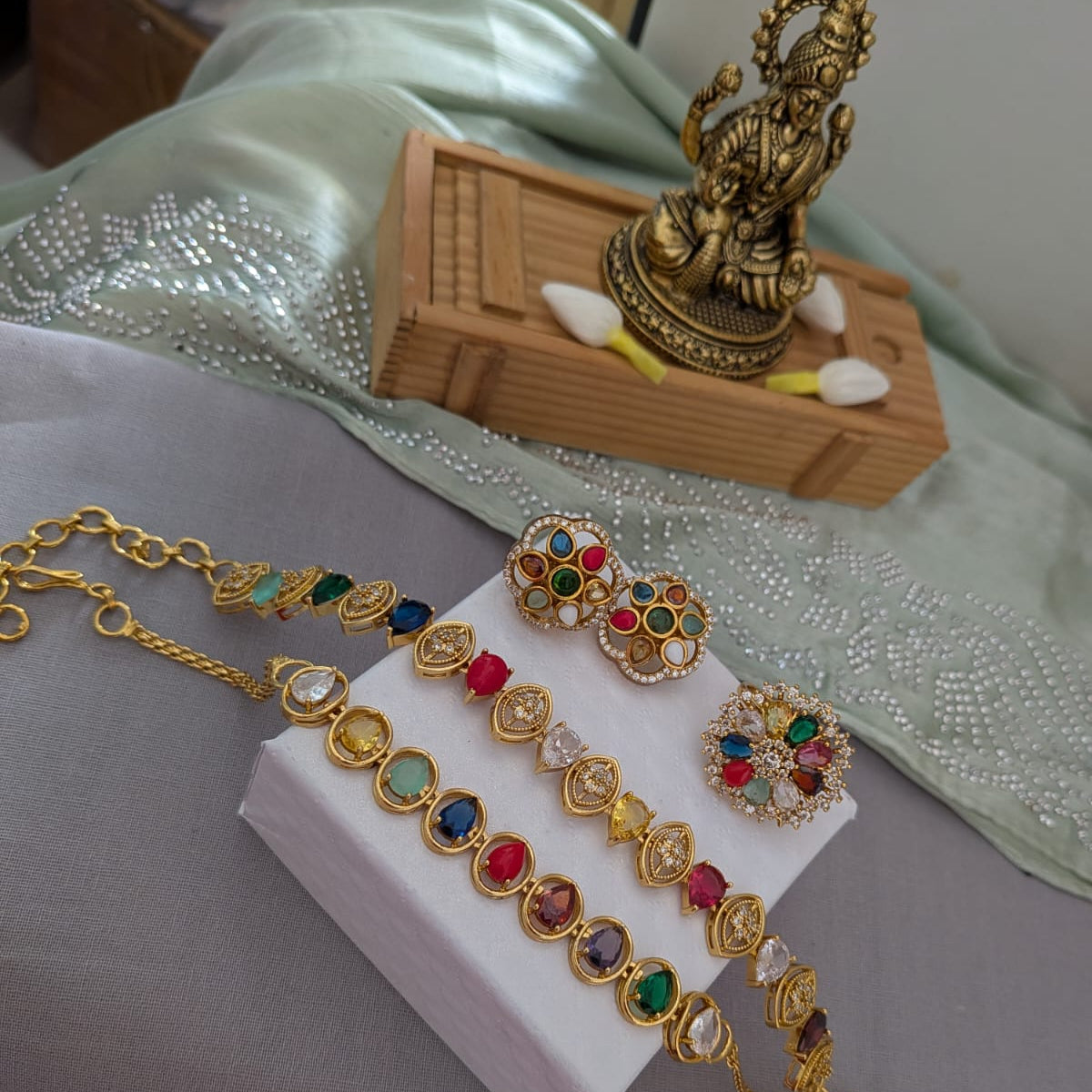Navratna chocker,finger ring and bracelet combo set
