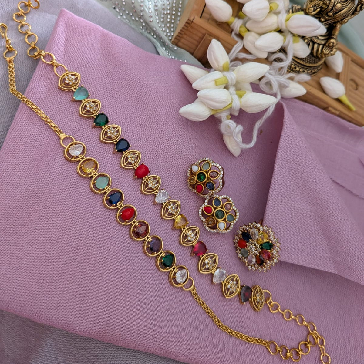 Navratna chocker,finger ring and bracelet combo set