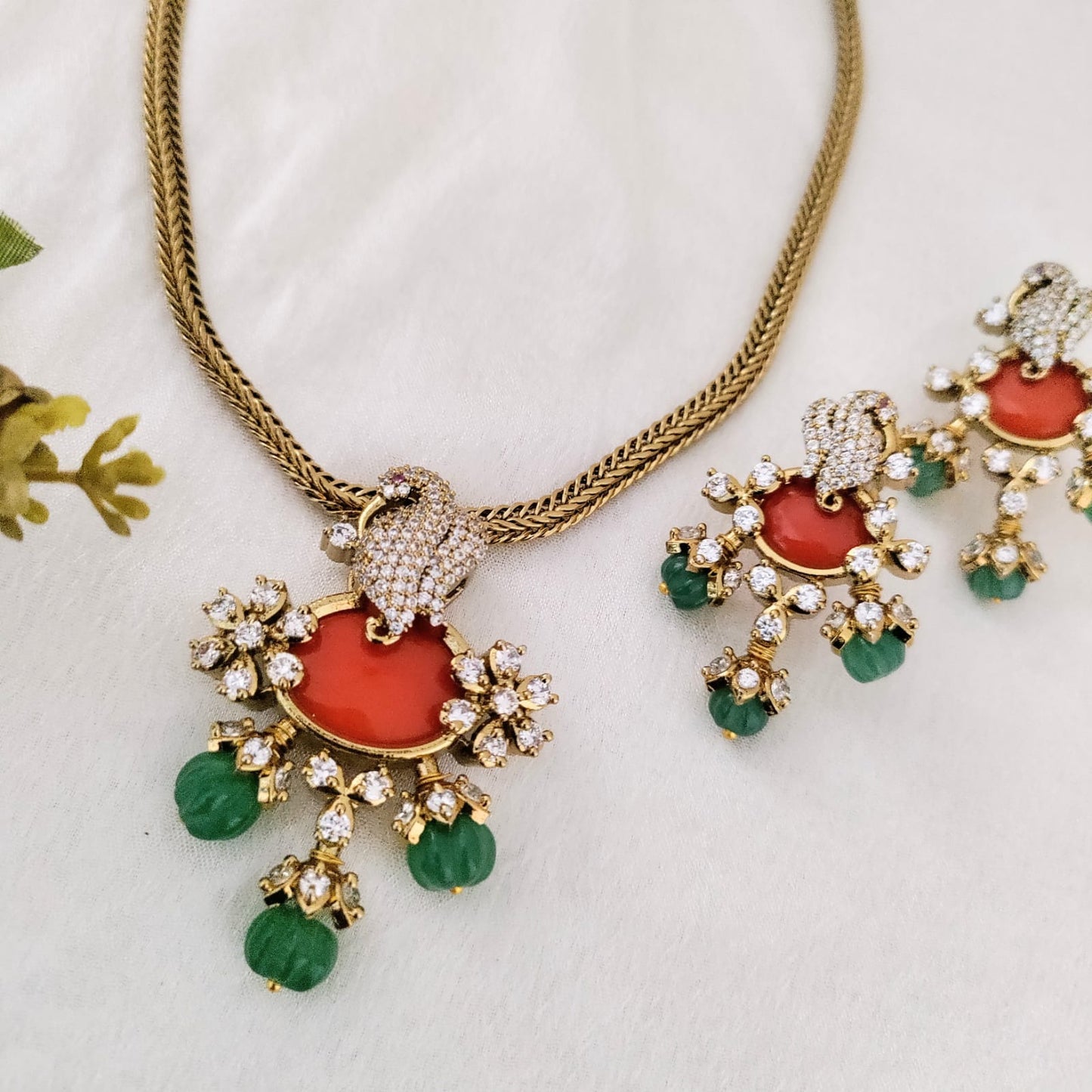 Coral stone studded necklace set