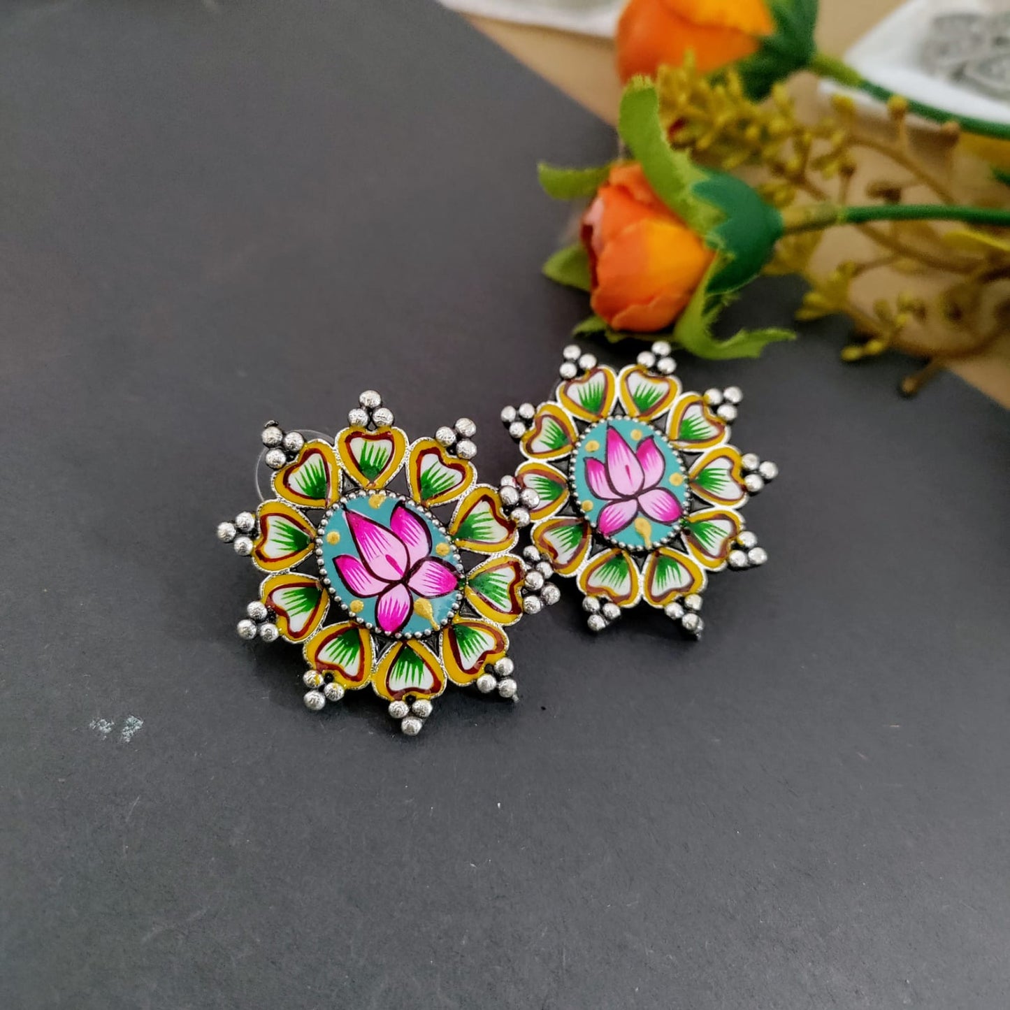 Lotus round painted earring