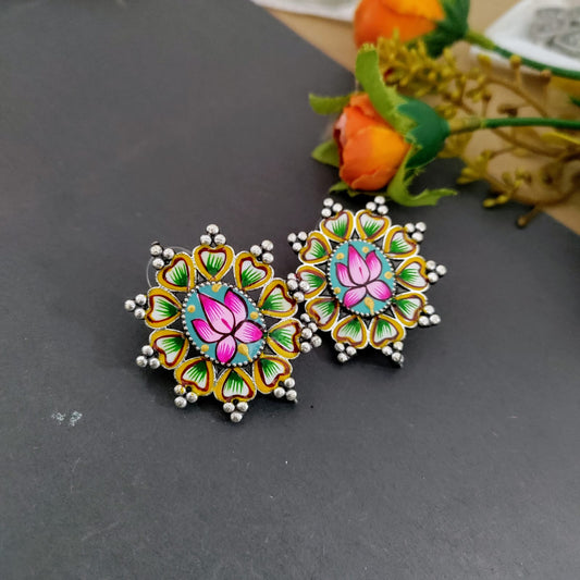 Lotus round painted earring