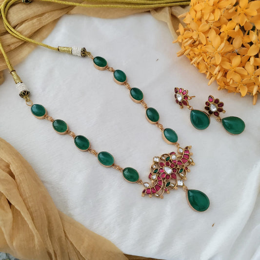 Bold and beautiful Jadau kundan exclusive stone necklace set - Green