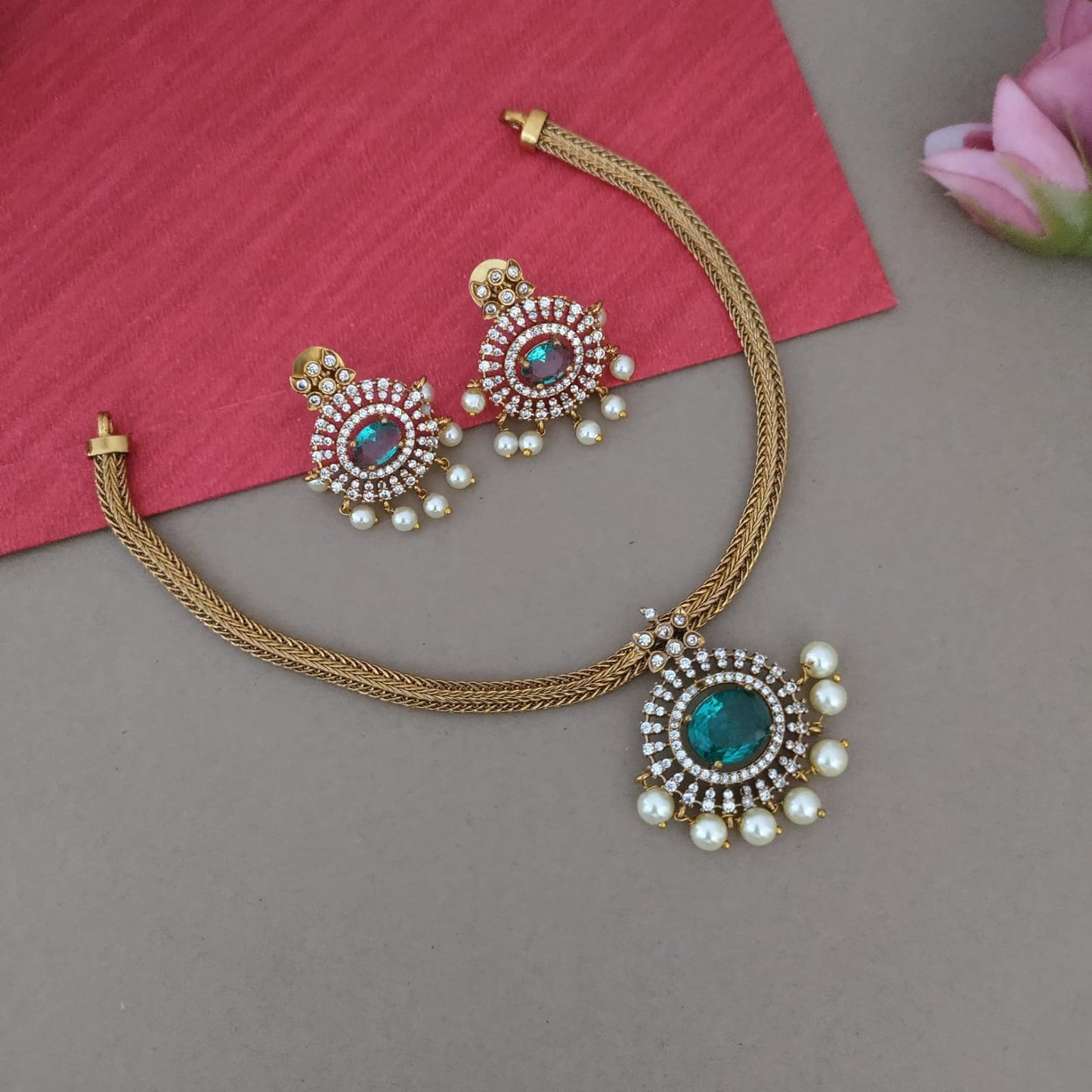 Aqua blue with White stone chocker set