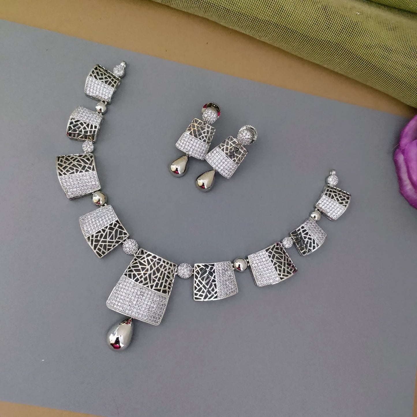 Black metal CZ stone necklace