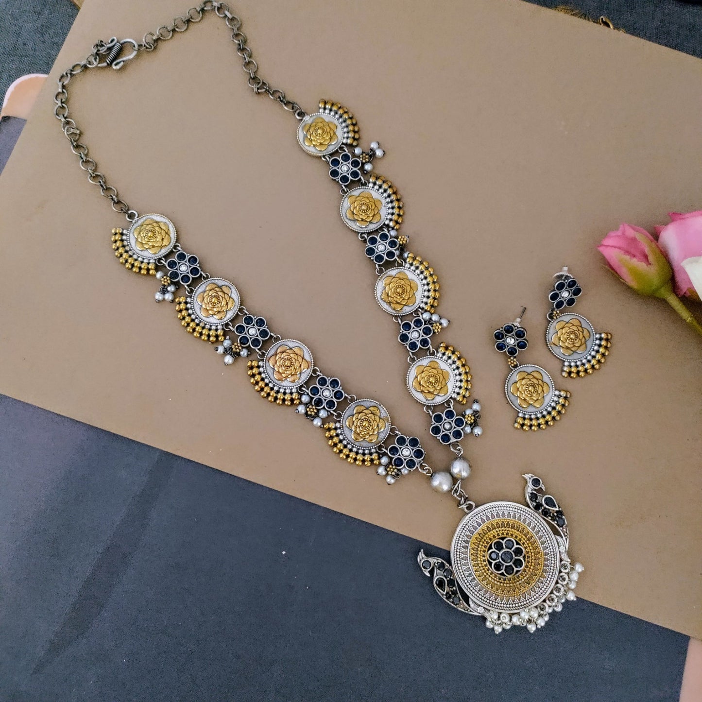 Peacock flower dualtone long necklace set